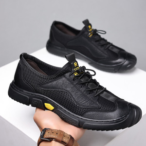 Men's Breathable Mesh <b>Sneakers</b> Soft <b>Leather</b> Low Heel Rubber Outsole Leisure Walking Shoes - Product Image 4