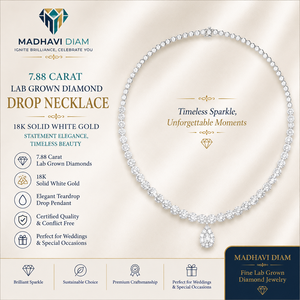 White Gold 7.88 Carat Round Lab Grown Diamond Drop <b>Necklace</b> in 18K Solid Gold, <b>Statement</b> Teardrop Pendant <b>Necklace</b> - Product Image 1