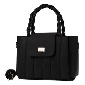 Bolso de mano con solapa para mujer Fana Kaira, material de poliuretano negro, asa trenzada, estilo informal - Product Image 4