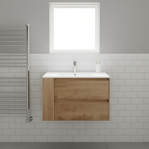 Bathroom Vanity 30 Inch Wall Mounted Solid Wood Modern Minimalist Design Ceramic Basin Light Finish - Product Image 2