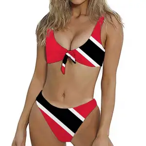 Spor iki parçalı mayo karayip Trinidad ve Tobago bayrağı baskı papyon kadın mayolar Backless kadın bikinisi Set kadın mayo