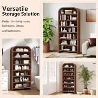 Étagère en bois haute et cintrée avec présentoir et plateforme, multi-usages, pour rangement et plantes