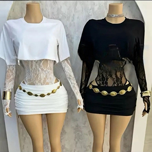 Peeqi Mode Zweiteiler Set Langarm Spitzenoberteil und Bodycon Minirock / Jeansrock 2-teiliges Set Damen Sexy Outfits - Product Image 1