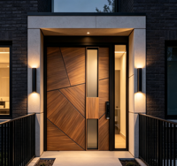 Porte pivotante moderne en aluminium et bois - Finition noyer de luxe pour entrée principale de villa, manoir et entrée de domaine personnalisée
