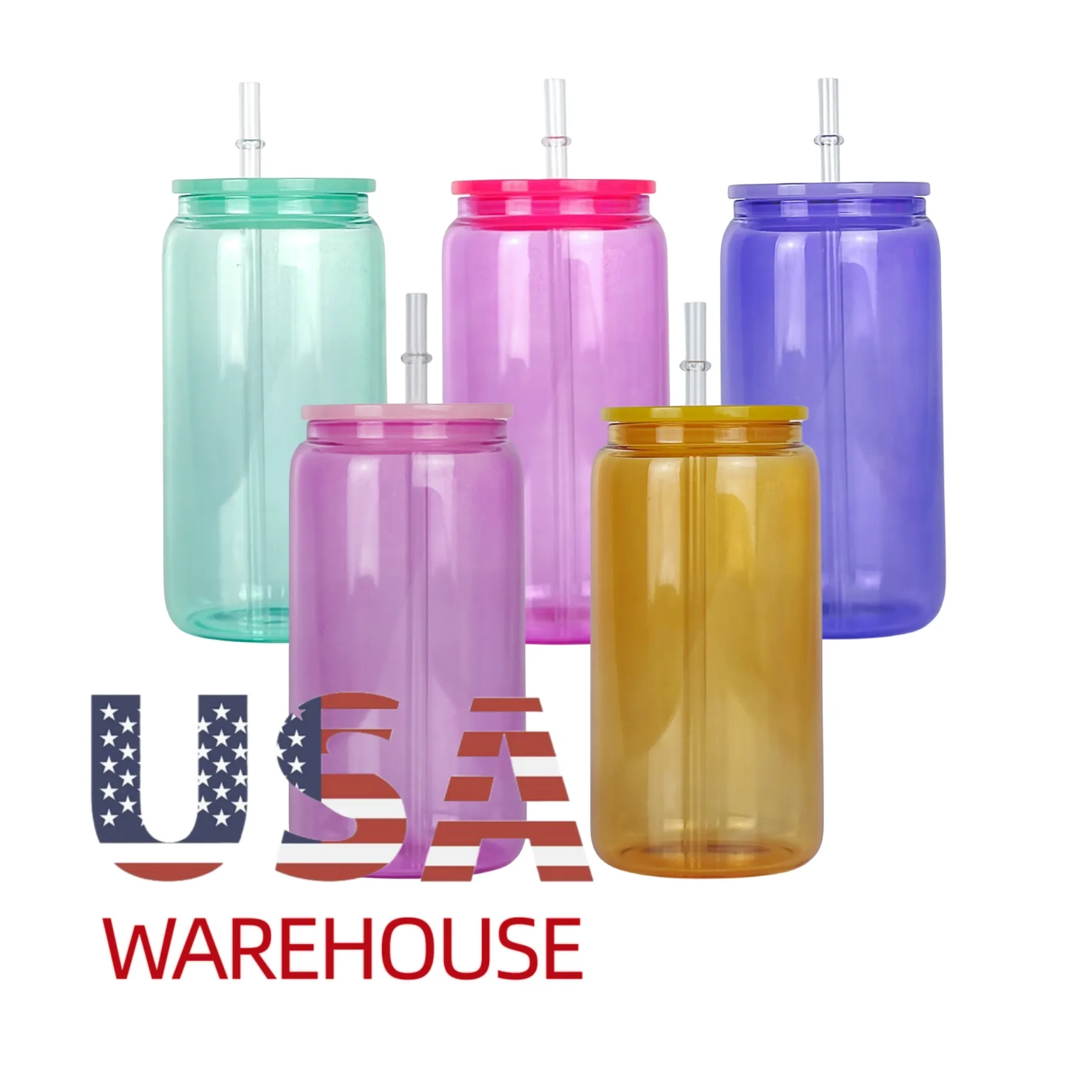 Magazzino USA 16oz vetro può sublimazione in bianco trasparente colorato gelatina trasparente birra tazza di vetro con coperchi di plastica