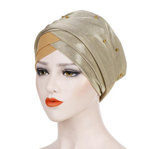 Pañuelo musulmán de dos colores para mujer y niña, <span class=keywords><strong>Hijab</strong></span> árabe, turbante de tubo, sombrero con cuentas - Product Image 6