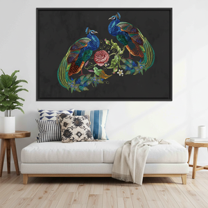 Embroidery Peacock Canvas Print: <b>Large</b> Floral Wall Art,BLACK <b>FRAMED</b> CANVAS - Product Image 3