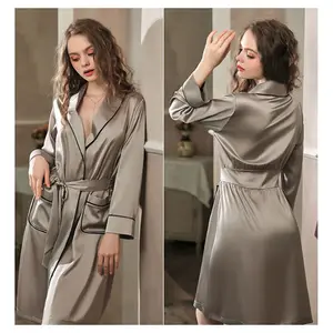Custom Logo Long Sleeve Luxury Nightwear Sexy Women Silk Pajamas Satin Silk Robes