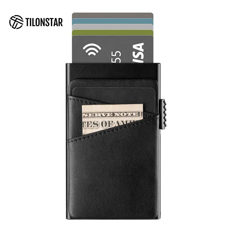 Small, Slim Credit Card Holder With Classic Design Wallets Real Leather Men Logo Aluminum Hard Case Pop Up Wallet