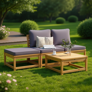 Ensemble de salon de jardin en bois d'acacia massif, 4 pièces, avec coussins, meubles de jardin d'extérieur, style contemporain - Product Image 2