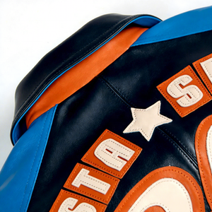 Giacca Bomber in Pelle <span class=keywords><strong>di</strong></span> Pecora Personalizzata per Uomo con Applicazioni Ricamate, Giacca Varsity Hip Hop Reversibile in Vera Pelle con Colori a Contrasto, Produzione OEM all'Ingrosso - Product Image 4