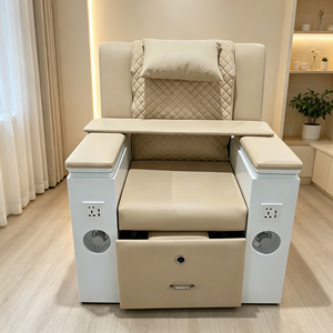 Beige LED <b>Light</b> Pedicure Spa Chair With Rolling Massage Electric Recliner <b>Pull</b>‑Out Foot Basin Manicure Chair For Nail Beauty - Product Image 4