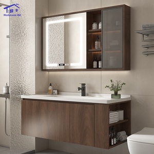 Meuble de salle de bain intelligent marron avec vitrine en verre, lavabo blanc, armoire murale - Product Image 3