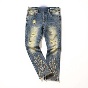 Jeans <span class=keywords><strong>en</strong></span> denim évasés pour hommes HaiYao, personnalisés, vintage, avec rivets et strass, lavage vintage, streetwear, OEM ODM, approvisionnement <span class=keywords><strong>en</strong></span> jeans <span class=keywords><strong>en</strong></span> denim pour hommes - Product Image 3
