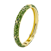Gelang Cloisonne Lapis Emas Lebar 8mm dari Paduan Seng, Motif Bunga Enamel Hijau Tua, Gaya Vintage Cina untuk Wanita