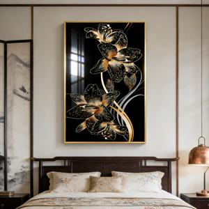 Peinture murale décorative de luxe en porcelaine de cristal avec fleurs dorées 3D et LED pour hall d'entrée et salon - Product Image 3