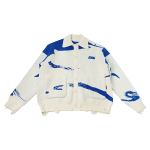 <span class=keywords><strong>Cardigan</strong></span> lavorato a maglia con colletto alla moda da <span class=keywords><strong>uomo</strong></span> con stampa astratta <span class=keywords><strong>blu</strong></span> e bianca e orlo invecchiato - Product Image 1