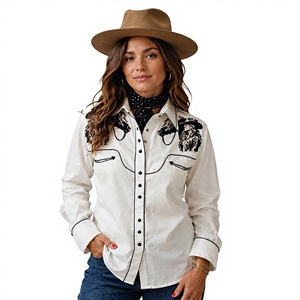 Camisa Western para Mujer, Color Crema, Cierre de Perlas, Ribete Estampado, Estilo Vaquero, Manga Larga, Bolsillo con Diseño de Dientes de Sierra, Retro, Personalizada - Product Image 1
