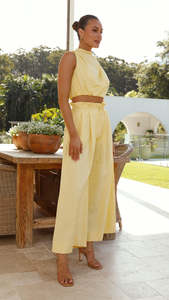 Set Estivo Casual Personalizzato con Top Corto Senza Maniche e <span class=keywords><strong>Pantaloni</strong></span> a Gamba Larga Abbinati, 2 Pezzi 100% <span class=keywords><strong>Lino</strong></span> per Donna - Product Image 3