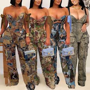 K3296 Europeo Americano impreso pintura al óleo patrón cordón multi-Bolsillo pantalones conjunto flaco Casual uso diario corto otoño - Product Image 1