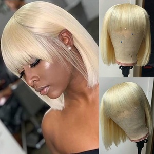Perruque courte et droite pour femmes, couleur <span class=keywords><strong>blond</strong></span> clair, synthétique, fabriquée à la machine, possibilité de personnalisation - Product Image 2