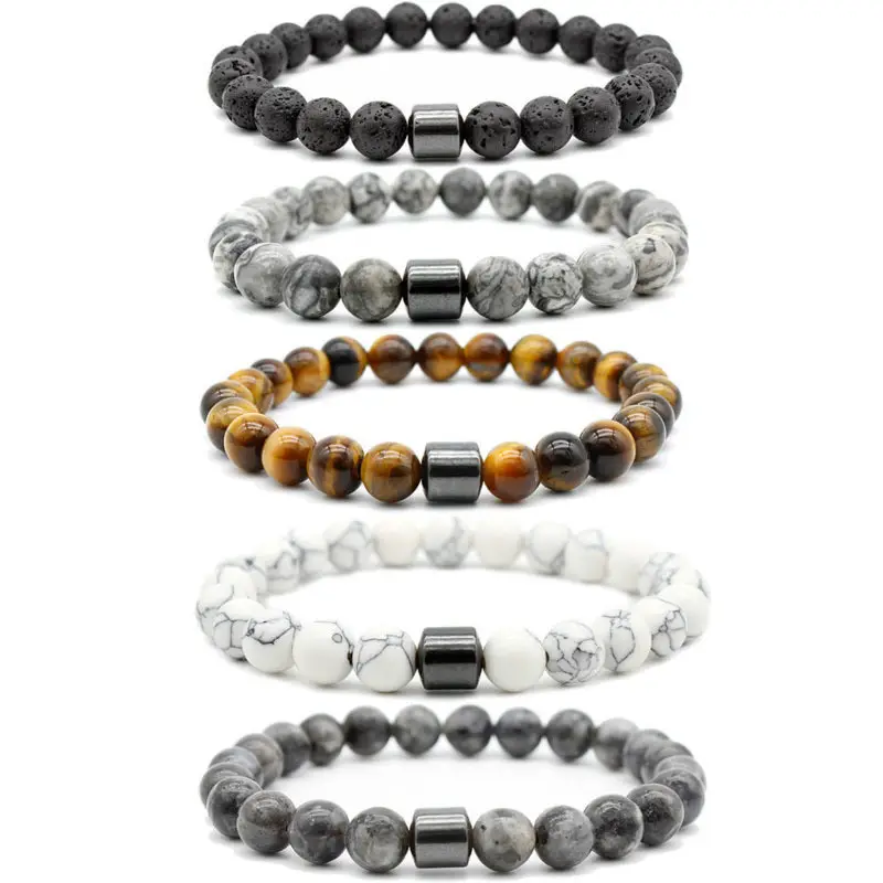 Pulseras elásticas de Yoga de 8mm con Ojo de Tigre y piedras naturales de hematita, cuidado de la salud, terapia magnética, brazalete de lava para mujeres y hombres