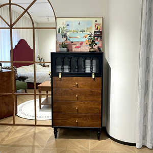 Midcentury Modern Solid Wood Living Room Cabinet with <b>4</b> <b>Drawers</b> Black Frame <b>Storage</b> Furniture - Product Image 1