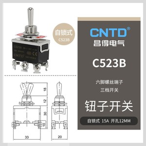 Interrupteur à bascule CNTD Changde 6 broches 3 positions à verrouillage automatique 15A en plastique et métal double pour équipements électriques modèles C523B - Product Image 1
