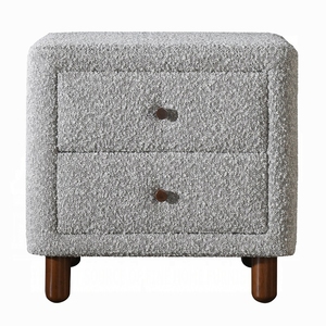 Comodino Grigio a Due Cassetti con Rivestimento in Bouclé e Gambe in Legno, Arredamento per Camera da Letto - Product Image 3