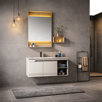Meuble de salle de bain moderne sans poignée, étanche, en acier inoxydable, avec lavabo en céramique intégré et miroir LED anti-buée, durable