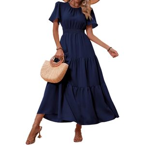 Robe longue décontractée d'été pour femme à manches volantées, col rond, taille élastique, à volants, coupe trapèze, pour le quotidien - Product Image 1
