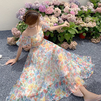 Robe longue d'été pour femme, asymétrique à une épaule, manches bouffantes, motif floral, taille à nouer, respirante, cache-maillot de plage, coupe trapèze, en polyester/coton