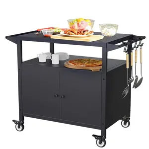 JH-Mech Outdoor Kitchen Bar Grill Dining Cart With Storage And Hooks BBQ Serving Rolling Pizza Oven Table Grill Dining Cart