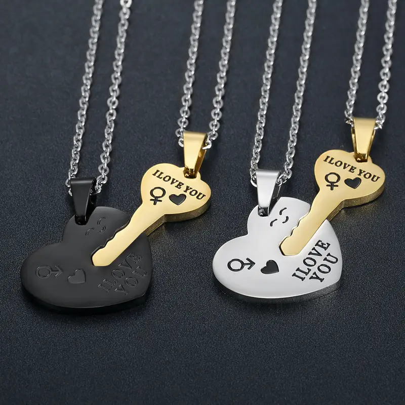 I Love You Couple Jewelry Key To My Heart Necklace Stainless Steel Couple Necklace Valentine Gifts Heart Lock Key Set Necklace