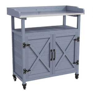 Mesa de Jardín de Madera para Exteriores, Estación de Trabajo para Jardín, Gabinete de Almacenamiento con Superficie de Aluminio y Ruedas de Goma para Patio Trasero - Product Image 1