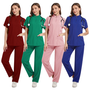 Women Scrubs Set Solid Color Zipper Top With Pockets Drawstring Pants Moisture Wicking Hospital Uniforms Split Set - Product Image 2