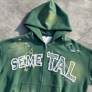 Sudadera con capucha de lujo de algodón bordado, personalizada, 400 g/m², con lavado ácido y pedrería, para hombre, oversize, con cremallera, efecto desgastado - Product Image 3