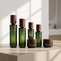 Flacons de crème pour les yeux en verre vert foncé, flacons de lotion et de spray avec bouchon en bois, fabrication directe d'usine OEM, pour ensemble de soins de la peau