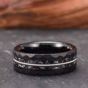 Joyería POYA, anillo de carburo de tungsteno martillado negro de 8mm, incrustaciones de cuerdas de guitarra de meteorito, regalo de fiesta de compromiso de boda clásico alto - Product Image 6