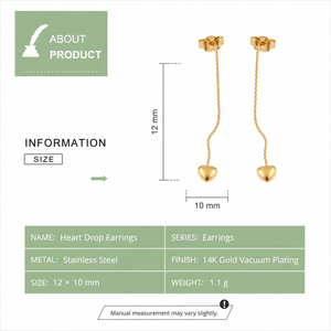 Pendientes de Corazón en Acero Inoxidable con Baño de Oro de 14K, Cadena Colgante, 12 x 10 mm, 1.1 g - Product Image 4