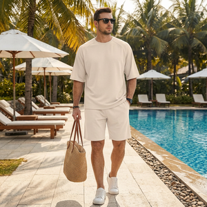 Conjunto de 2 Piezas Unisex de Shorts de Punto Sólido, Cuello Redondo, Manga Corta, Corte Holgado, Transpirable, Ropa Casual de Primavera/Verano, Largo por Encima de la Rodilla - Product Image 6