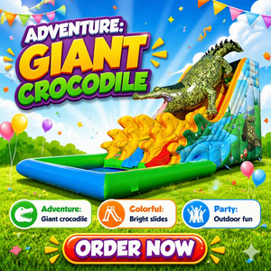 Toboggan aquatique gonflable commercial en forme de crocodile avec piscine à jets d'eau, plusieurs pistes, pour enfants, idéal pour les fêtes de piscine estivales, la location d'événements, les carnavals et les activités extérieures. - Product Image 1