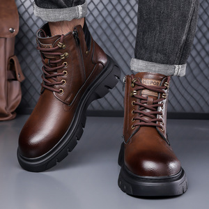 Bottes à lacets en cuir véritable pour hommes, bout rond, doublure en fourrure, semelle en caoutchouc, bottes d'hiver chaudes antidérapantes pour la neige - Product Image 3