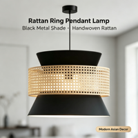 Luminaire suspendu moderne en tissu de rotin, abat-jour en tissu noir avec ceinture en rotin tressé, lampe suspendue pour salle à manger, salon