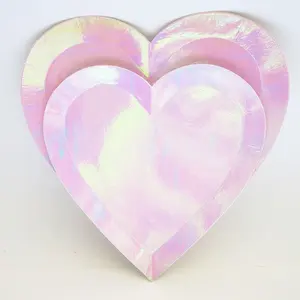 Heading card packed Heart shaped iridescent foil paper plates for girls party wedding party
