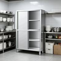 Armoire à vaisselle industrielle en acier inoxydable, portes coulissantes, étagère ouverte, quatre compartiments, cadre robuste, pieds réglables