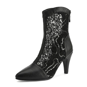 Patchwork Lace Sequin Ankle <b>Booties</b> Rear Zip Closure Pointed Toe Slim Stiletto High Heel Four Season Evening Party Women Short - Product Image 3