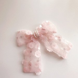 Jepit Rambut Pita Tulle Pink Manis Baru dengan Payet, Renda Bunga, dan Dekorasi Mutiara, Aksesoris Rambut Pita Peri untuk Anak Perempuan - Product Image 6