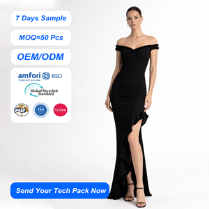 SHENGFU Abito lungo da sera da <span class=keywords><strong>donna</strong></span> personalizzato OEM, monospalla, in pizzo tinta unita, arricciato, elasticizzato, aderente, con spacco alto e orlo a balze - Product Image 1