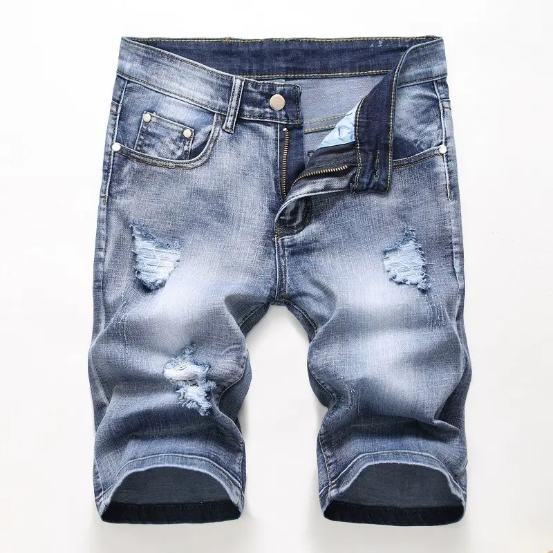 New Arrival Denim Shorts Ripped Personality Retro Trendy Mens Pants Stretch Short Jeans